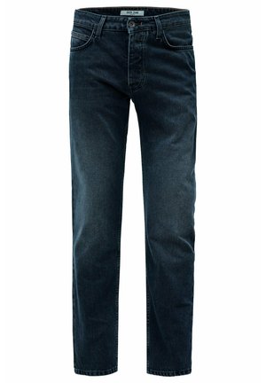 Temno modri ravni kavbojke s sprednjimi žepi, zankami za pas in gumbastim zapiranjem, označene z "Salsa Jeans" na notranjem pasu.