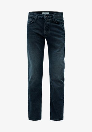 Dunkelblaue gerade geschnittene Jeans mit Vorderaschen, Gürtelschlaufen und Knopfverschluss, im inneren Bund mit dem Etikett "Salsa Jeans".