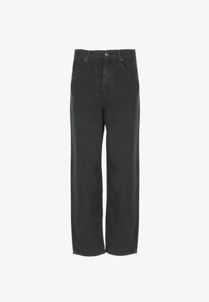 Jeans de pierna ancha negros, hechos de algodón con un leve brillo. Presentan bolsillos frontales, un cierre de botón y costuras visibles a lo largo de las costuras.