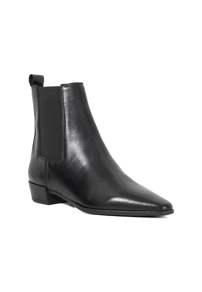 Black leather ankle boot with a pointed toe, elastic side panels, and a low stacked heel. Smooth texture and sleek design.