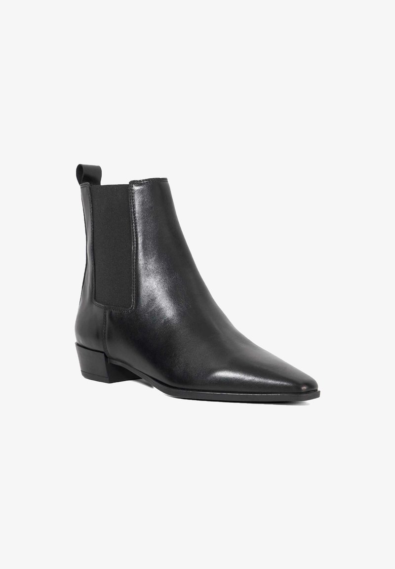 Black leather ankle boot with a pointed toe, elastic side panels, and a low stacked heel. Smooth texture and sleek design.