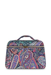 Cosmetische tas met meerdere patronen, met een marineblauwe achtergrond en levendige bloem- en paisleypatronen. Gladde stof, dubbele ritssluiting en handvat om te dragen.