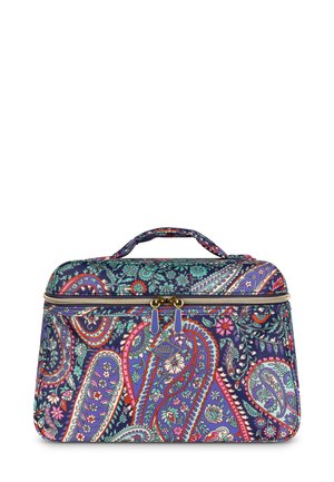 Cosmetische tas met meerdere patronen, met een marineblauwe achtergrond en levendige bloem- en paisleypatronen. Gladde stof, dubbele ritssluiting en handvat om te dragen.