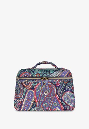 Cosmetische tas met meerdere patronen, met een marineblauwe achtergrond en levendige bloem- en paisleypatronen. Gladde stof, dubbele ritssluiting en handvat om te dragen.