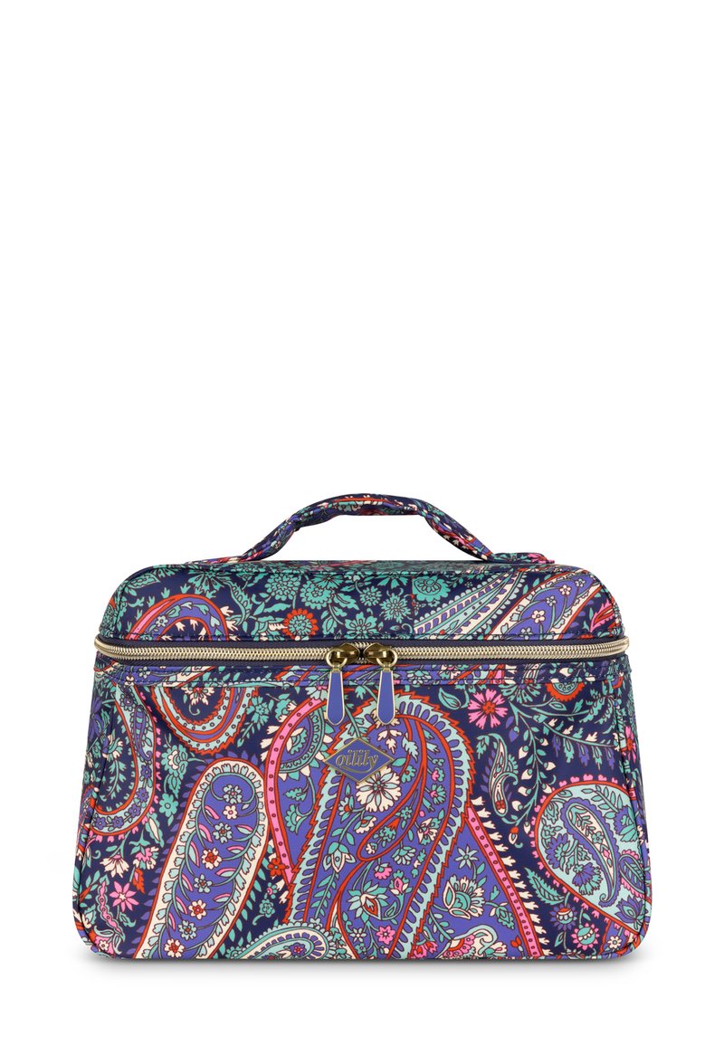 Cosmetische tas met meerdere patronen, met een marineblauwe achtergrond en levendige bloem- en paisleypatronen. Gladde stof, dubbele ritssluiting en handvat om te dragen.