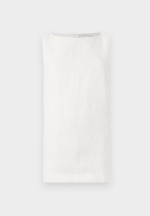 Haut en lin blanc sans manches, à coupe droite, décolleté bateau et sans fermetures visibles. Il présente un tissu doux et texturé.