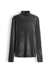 Top a maniche lunghe e collo alto di colore nero, realizzato in un tessuto lucido e testurizzato con una leggera lucentezza, caratterizzato da una vestibilità rilassata e da dettagli delle cuciture minimi.