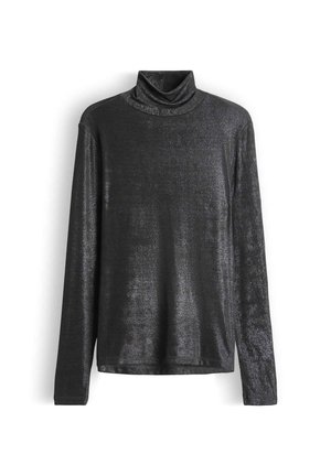 Zwarte coltrui met lange mouwen, gemaakt van glanzende, gestructureerde stof met een subtiele glans, met een losse pasvorm en minimale naaddetails.