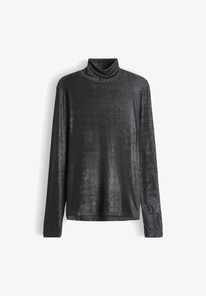 Schwarzes langärmliges Shirt mit Rollkragen aus glänzendem, strukturiertem Stoff mit subtiler Satinoptik, das einen lockeren Schnitt und minimale Nahtdetails aufweist.