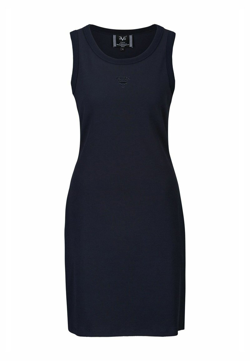 Navy ärmelloses Kleid aus geripptem Stoff. Verfügt über einen runden Ausschnitt und ein tailliertes Design. Diskretes Logo-Detail auf der Brust.