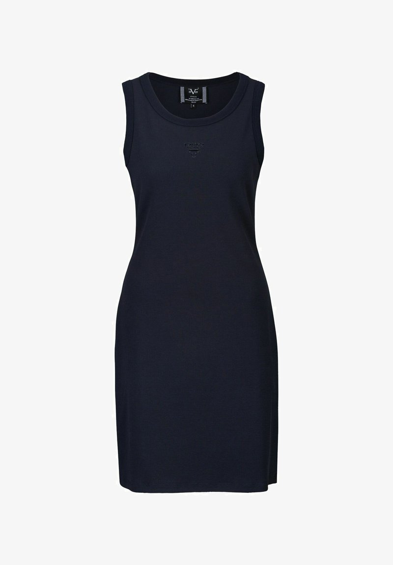 Navy ärmelloses Kleid aus geripptem Stoff. Verfügt über einen runden Ausschnitt und ein tailliertes Design. Diskretes Logo-Detail auf der Brust.