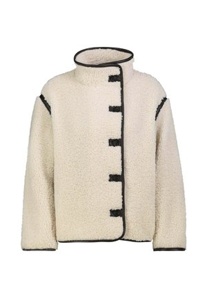 Cremefarbene Sherpa-Fleecejacke mit schwarzem Besatz und fünf schwarzen Knöpfen, die vertikal vorne geschlossen sind, hohem Kragen und langen Ärmeln.