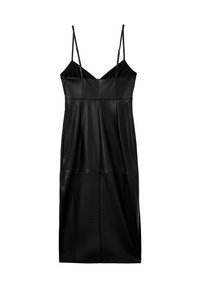 Schwarzes Lederkleid mit dünnen, verstellbaren Trägern, einem taillierten Oberteil und einer geraden Silhouette. Es verfügt über eine detaillierte Panele und eine glatte Textur.