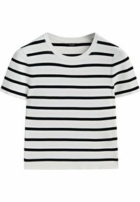 T-shirt met korte mouwen en een ronde halslijn, met afwisselend zwarte en witte horizontale strepen op een zachte stof.