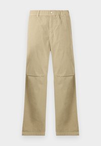 Beige straight-leg pants with a snap button closure, belt loops, and knee seam detailing, laid flat on a white background.