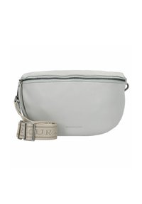 Borsa a tracolla in pelle grigia chiara con chiusura zip, dotata di una tracolla regolabile beige con motivo e sottile branding sulla parte anteriore.