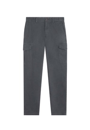 Pantalones cargo grises de algodón resistente, con dos grandes bolsillos laterales, cierre de botón y un diseño de pierna recta.