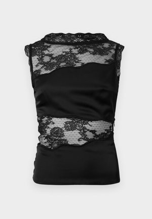 Black sleeveless top with lace detail. Features a smooth satin body, lace panels, scalloped edges, and a fitted silhouette.