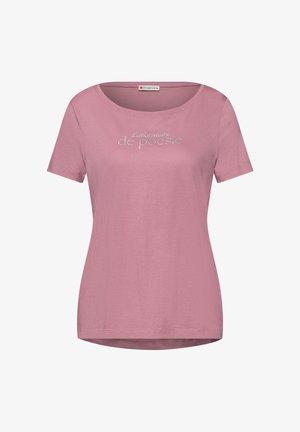 Stofroze dames-T-shirt met korte mouwen, ronde halslijn en zilveren tekst "Laboratoire de poésie" gecentreerd op de voorkant.