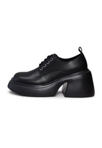 Black leather shoes with rounded toe, lace-up design, unique chunky heel, and a textured finish. Notable for the unconventional heel shape.