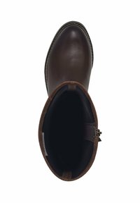 Bottine en cuir marron avec une finition lisse, bout rond et doublure en daim douce. Elle présente une fermeture éclair sur le côté et un talon robuste.