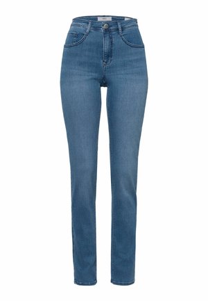 High-waisted blue jeans made of denim, featuring a classic five-pocket design, sleek straight legs, and a metal button closure.