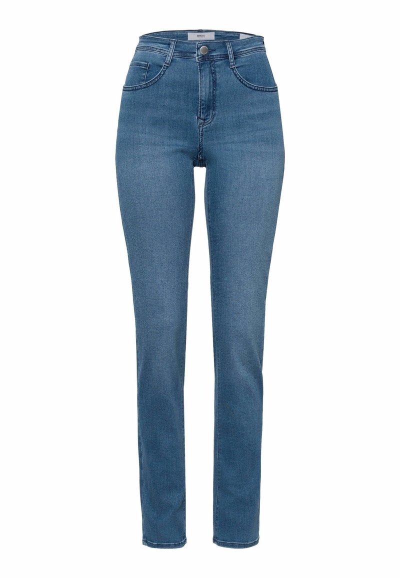 Jean bleu taille haute en denim, doté d'un design classique à cinq poches, de jambes droites élégantes et d'une fermeture par bouton métallique.