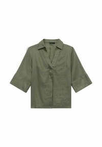 Oliivinvihreä pellavapaita, jossa on kaulus, V-pääntie ja leveät kolmasosa hihat. Ominaisuuksiin kuuluu rento istuvuus ja sileä rakenne.