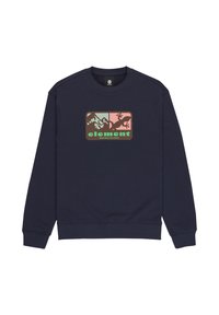 Granatowy sweatshirt z okrągłym dekoltem. Posiada przedni nadruk w zieleniach, różu i brązie przedstawiający góry oraz jaszczurkę.