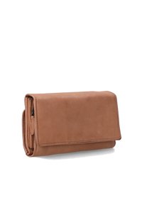 Brun læderpung med rektangulær form, glat tekstur, klap til at folde over og flere rum til kort og kontanter.