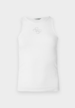 Débardeur blanc côtelé sans manches avec un petit logo scintillant sur la poitrine, doté d'un col rond et d'une silhouette ajustée.