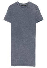 Szara bawełniana koszulka z okrągłym dekoltem i krótkimi rękawami. Posiada lekko zblakłe, teksturalne wykończenie. Brak widocznych wzorów lub akcentów.