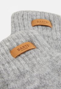 Grå strikhandsker med ribbet tekstur og et beige lædermærke prægede med "BARTS AMSTERDAM." Blødt, varmt og fleksibelt design.