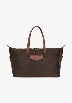 Brown nylon tote bag with brown leather handles and accents. Features a zip closure and a flat pocket with a leather flap.