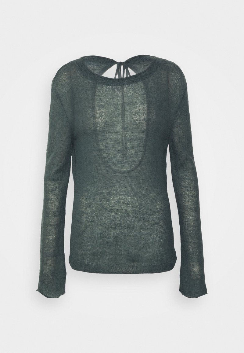Dark green sheer long-sleeve top with an open back and tie closure at neckline, displayed against a white background.