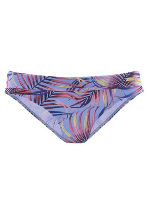 Bikini-Unterteil mit einem hellblauen Grundton und mehrfarbigen Palmblatt-Mustern in Pink, Gelb und Lila. Glattes Gewebe mit leichtem Glanz.