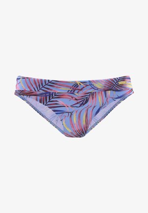 Costume da bagno a bikini con base azzurro chiaro e motivi a foglia di palma multicolori in rosa, giallo e viola. Tessuto morbido con una leggera lucentezza.