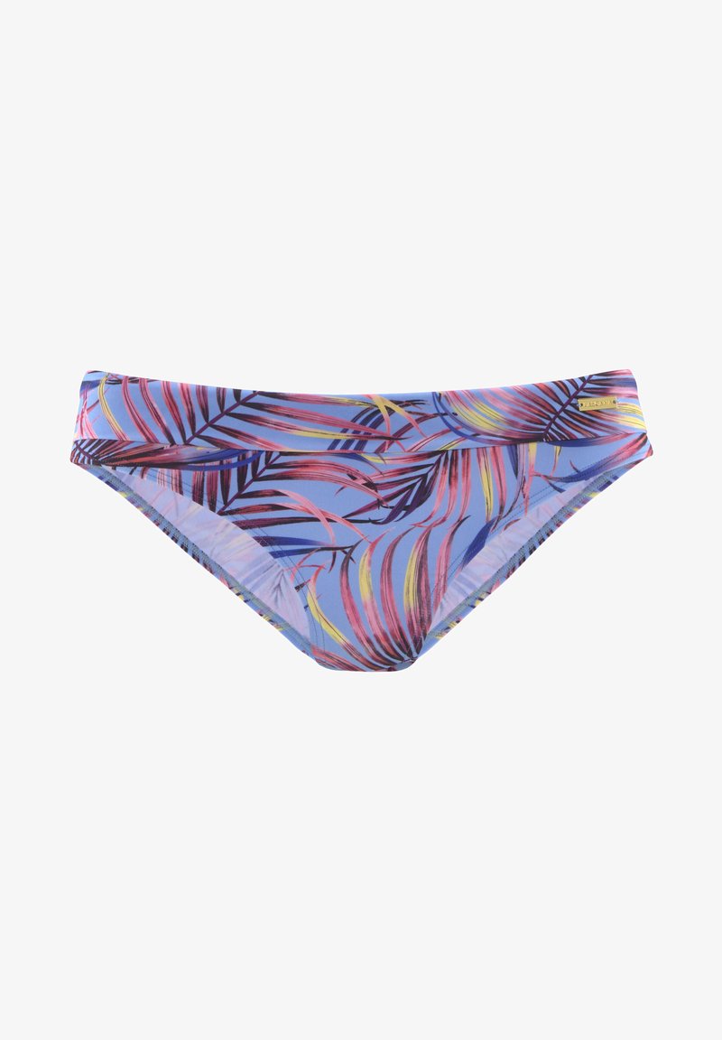 Bikini apatinė dalis, kurioje šviesiai mėlynas pagrindas su daugiakalbiais delno lapų raštais rožinės, geltonos ir violetinės spalvų. Vakaras audinys su lengvu blizgesiu.