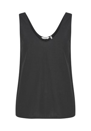 Juodas be rankovių viršus su plačiu apvaliu kaklu, pagamintas iš minkštos medžiagos, pasižymintis laisvu kirpimu ir minimaliais siuvimo akcentais aplink kraštus.