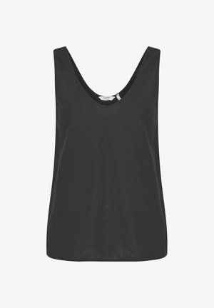 Juodas be rankovių viršus su plačiu apvaliu kaklu, pagamintas iš minkštos medžiagos, pasižymintis laisvu kirpimu ir minimaliais siuvimo akcentais aplink kraštus.