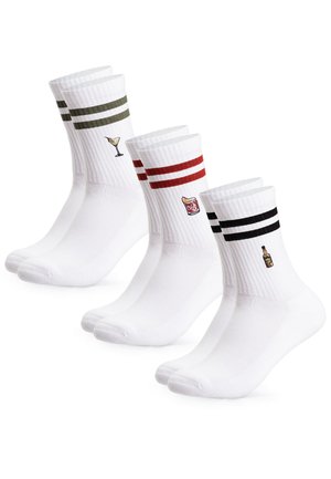 White crew socks with two horizontal stripes in green, red, and black, each featuring embroidered cocktail, whiskey glass, and bottle icons.