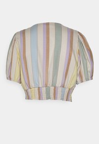 Cropped top featuring multicolored vertical stripes in pastel shades of yellow, lavender, green, and brown; puff sleeves, elastic hem.