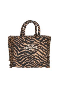 Vævet tote bag med tigerstribet mønster i brun og sort, med frynsekanter og broderet "MC2 Saint Barth" logo.