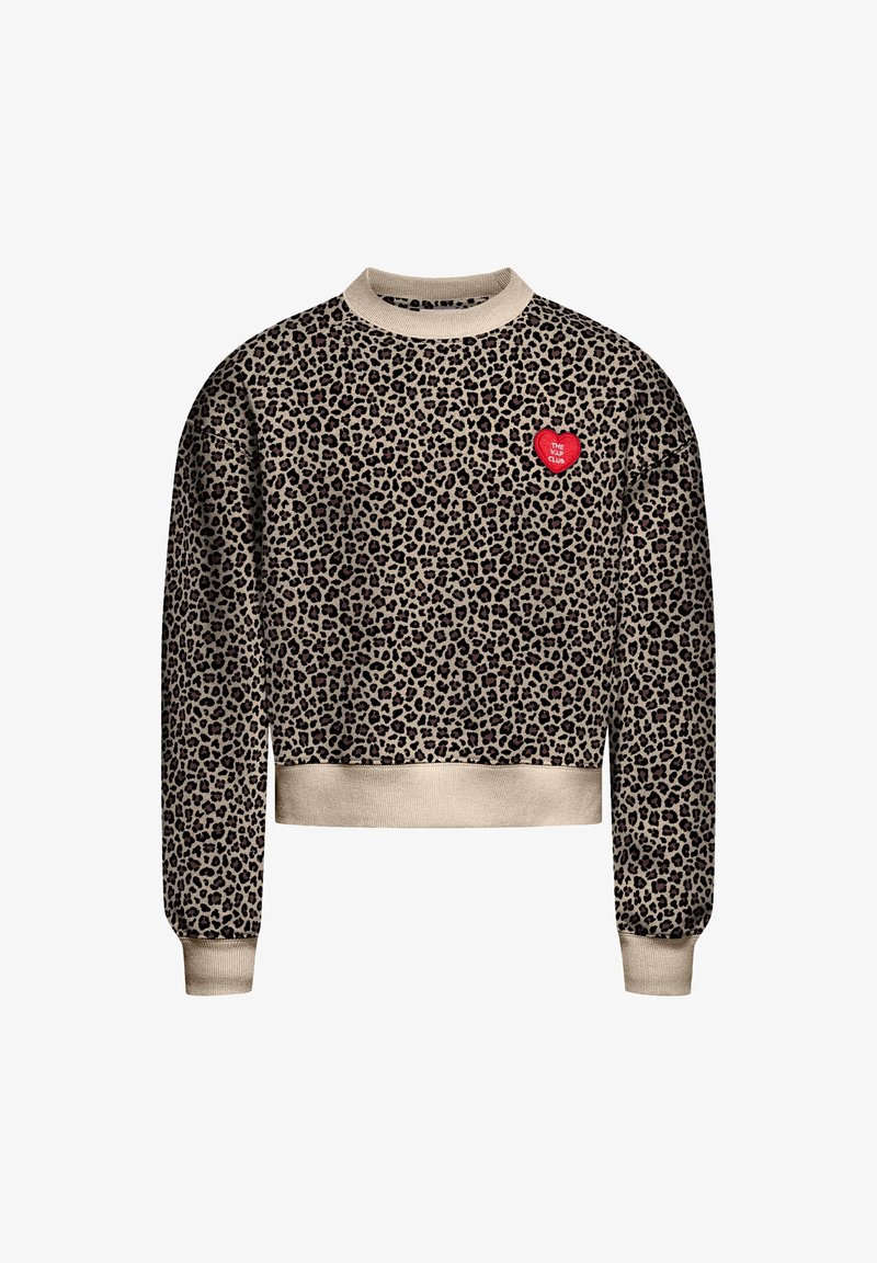 Sweat-shirt cropped à manches longues imprimé léopard avec poignets et ourlet côtelés beiges et un patch cœur rouge indiquant "THE VIP CLUB" sur la poitrine.