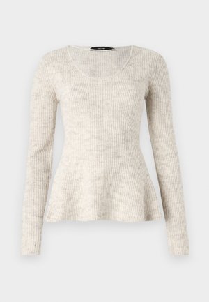 Pull long en maille beige clair à manches longues avec une texture côtelée, un décolleté en forma de scoop et un ourlet évasé. Fabriqué en tissu tricoté doux.