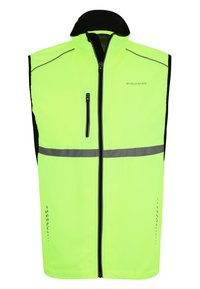 Neon gul lättviktsväst med svarta detaljer, framzipper, reflexer och liten fack med dragkedja på vänster bröst.