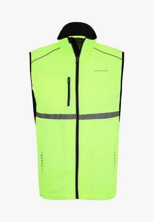 Neon gele lichtgewicht vest met zwarte accenten, rits aan de voorkant, reflecterende strepen en een klein ritsvakje op de linkerkant van de borst.