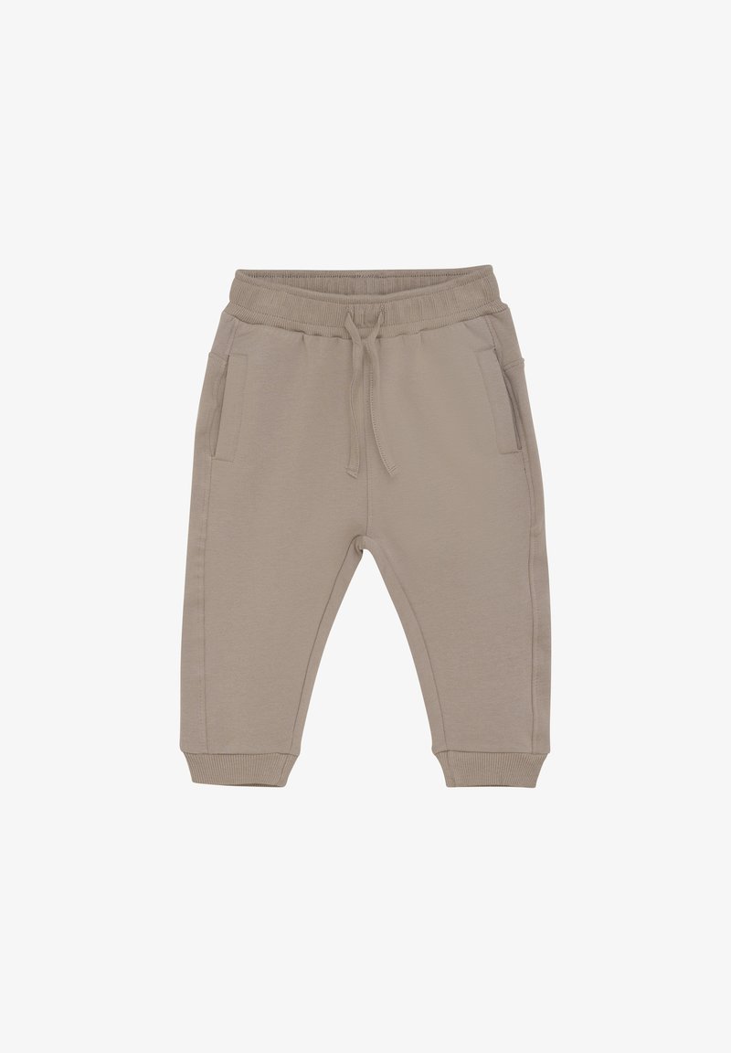 Lichtbeige joggers van zacht materiaal, met een elastische tailleband met trekkoord, twee zijzakken en aansluitende boorden.