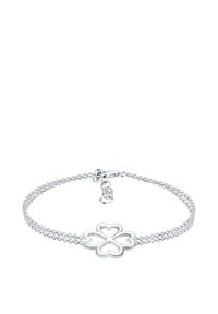 Sillverarmband med dubbel kedjedesign, prytt med ett fyrklöverhänge med ihåliga hjärtan. Enkel låsning och justerbar längd.