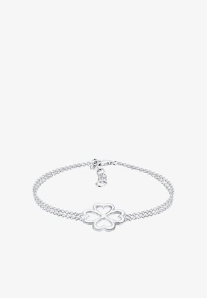 Silberarmband mit doppeltem Kettendesign, ausgestattet mit einem vierblättrigen Kleeblatt-Anhänger mit hohlen Herzen. Einfache Schnappverschluss und verstellbare Länge.